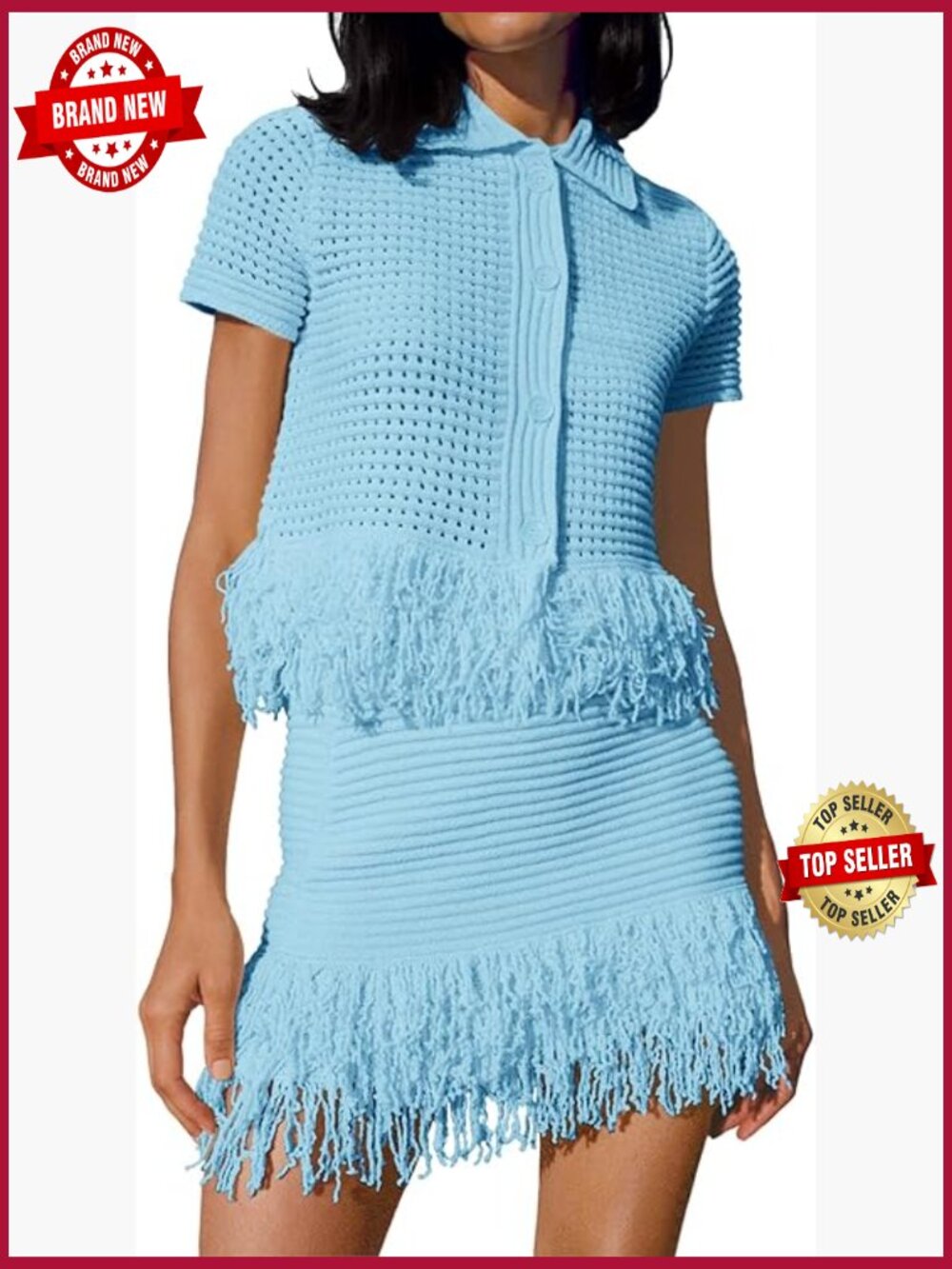 Crochet Short Sleeve Button Knit Sweater & Fringe Skirt Vacation Set